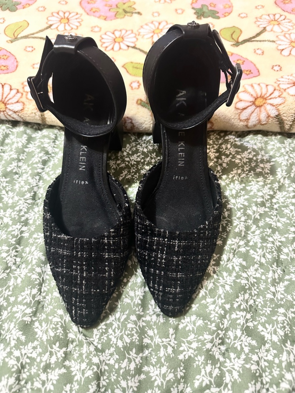 Anne Klein Black Tweed Pointed Ankle-Strap Pumps